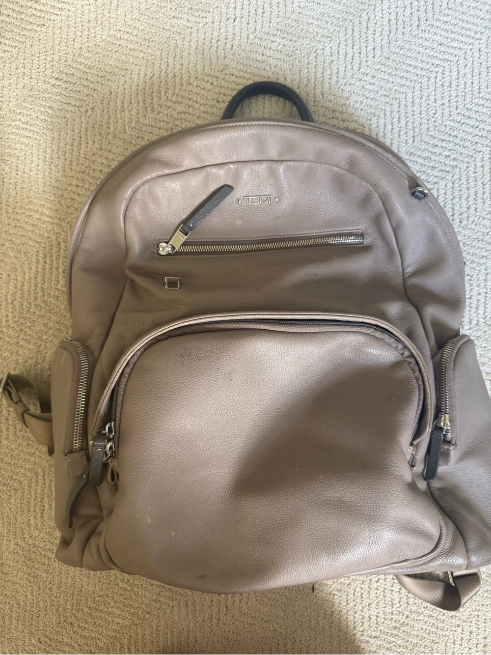 Tumi Taupe Leather Backpack with Silver Hardware